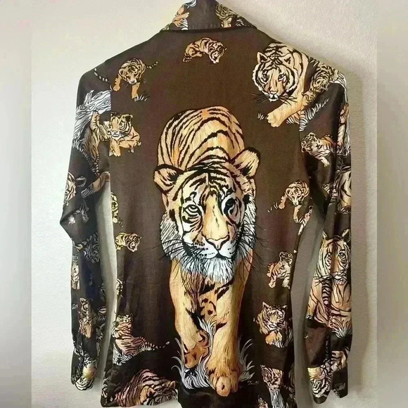 Vintage 70s Disco Mod Tiger All Over Art Cat Print Miami Brown Button Shirt - Picture 7 of 8